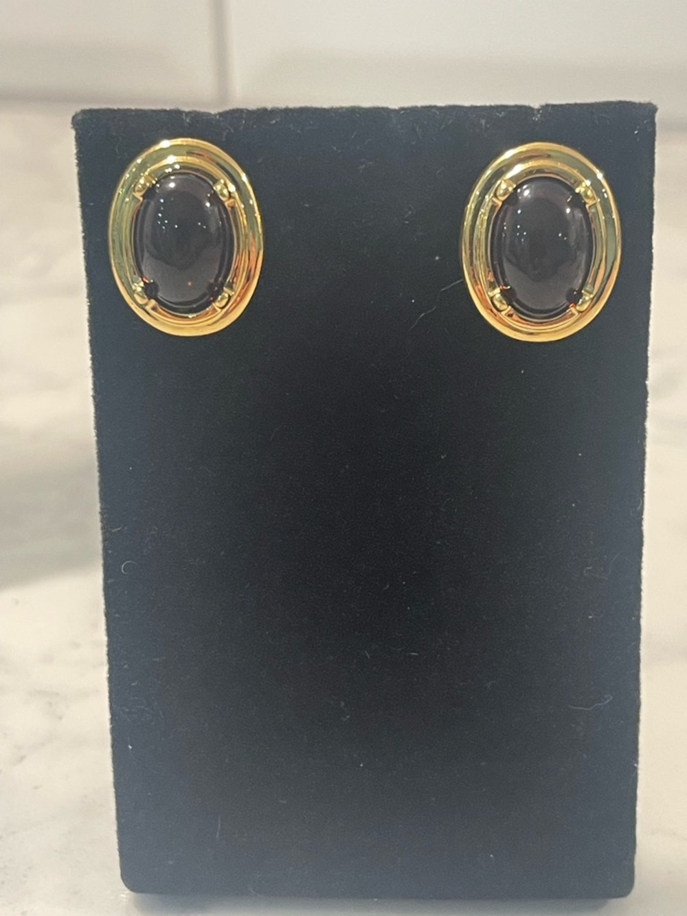 Gold-Plated Black Cabochon Oval Stud Earrings